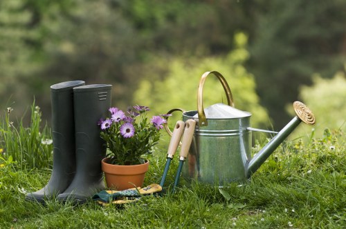 A collection of gardening tools and accessories arranged on a grassy outdoor area. Visible items include a pair of tall, black rubber gardening boots positioned upright, a small terracotta pot containing purple and white flowering plants, a metal watering can with a curved handle and long spout, and a set of small hand tools such as a trowel and transplanter with wooden and plastic handles. The background features a blurred natural setting with green foliage, suggesting a garden or backyard environment typical of outdoor gardening work in Kensington. The scene is lit with natural daylight, indicating fair weather conditions, and the arrangement reflects a preparing or ongoing gardening activity for lawn and plant care, aligning with professional landscaping and gardening services.